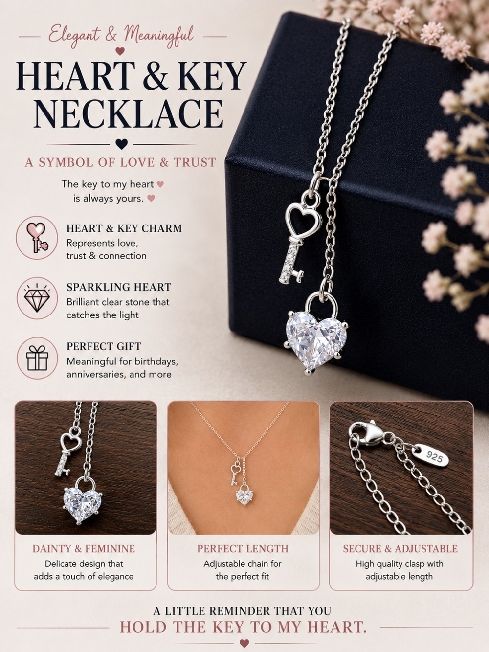 Heart & Key Necklace - Silver Sparkling Heart Pendant